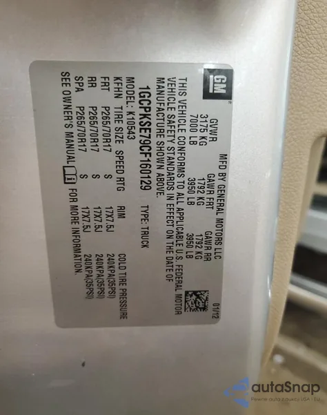 2012 Chevrolet Silverado K1500 Lt z USA, uszkodzony, nr VIN 1GCPKSE79CF160129